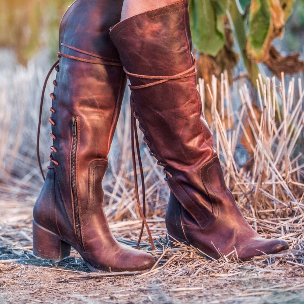Freebird Coal knee high leather boot in Cognac